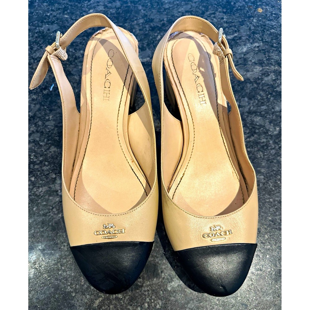 Coach Beige/Black Leather Cap Toe Slingback Block Heel Ankle Strap 8.5